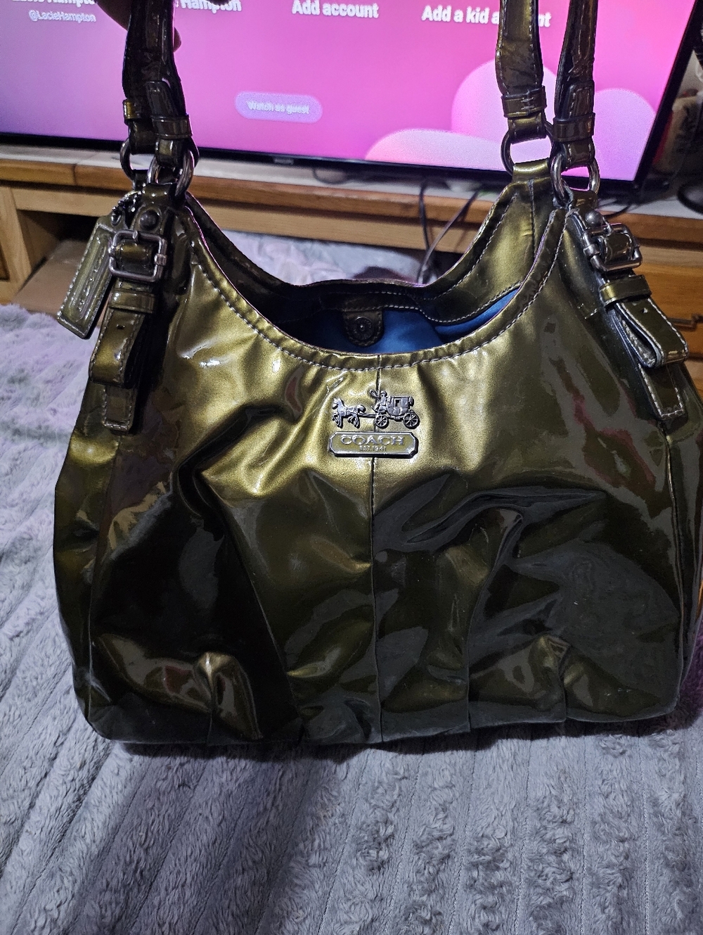 Coach New Maggie Hobo Gunmetal Olive Bag 3 Compartments Blue Satin Lining